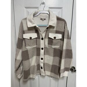 Sherpa Plaid Shacket Jacket Womens XL Beige Cream Buffalo Check Button Front